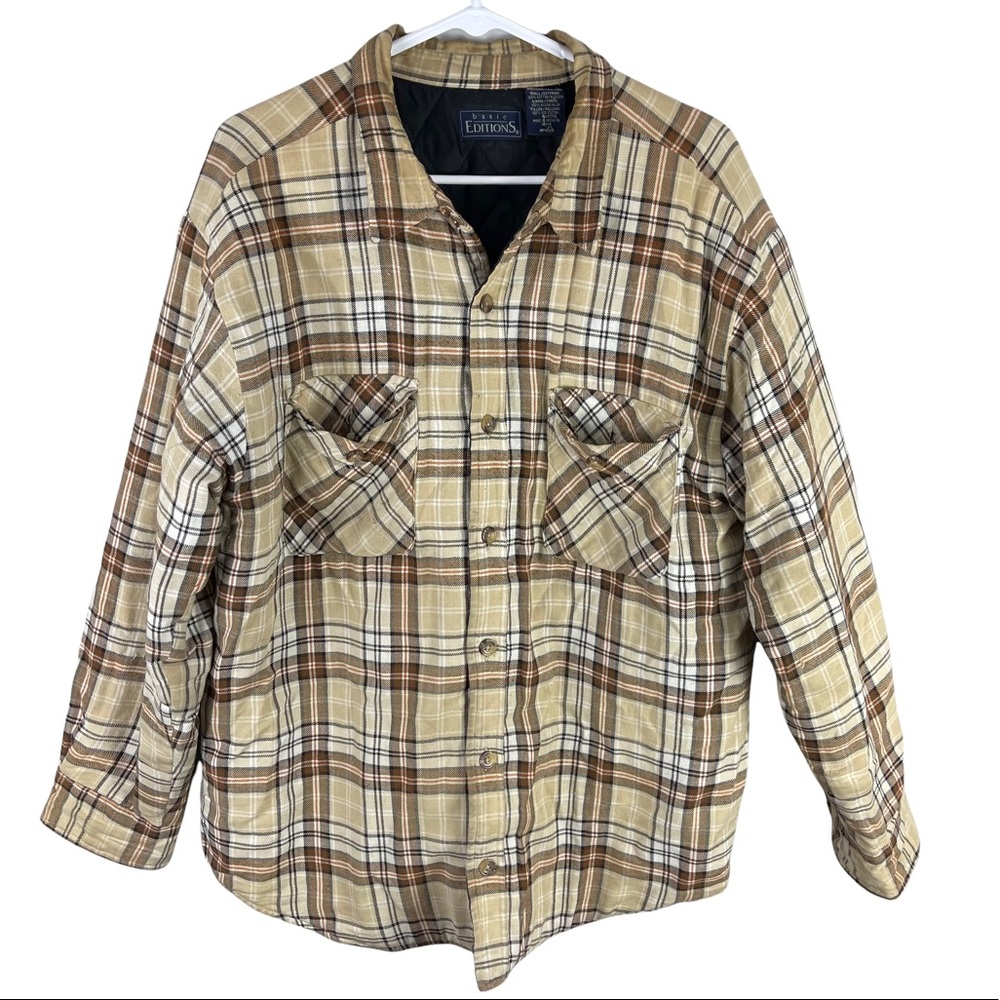 Basic Edition Vintage Mens Flannel Jacket Shacket Tan Brown Sz M Button Front